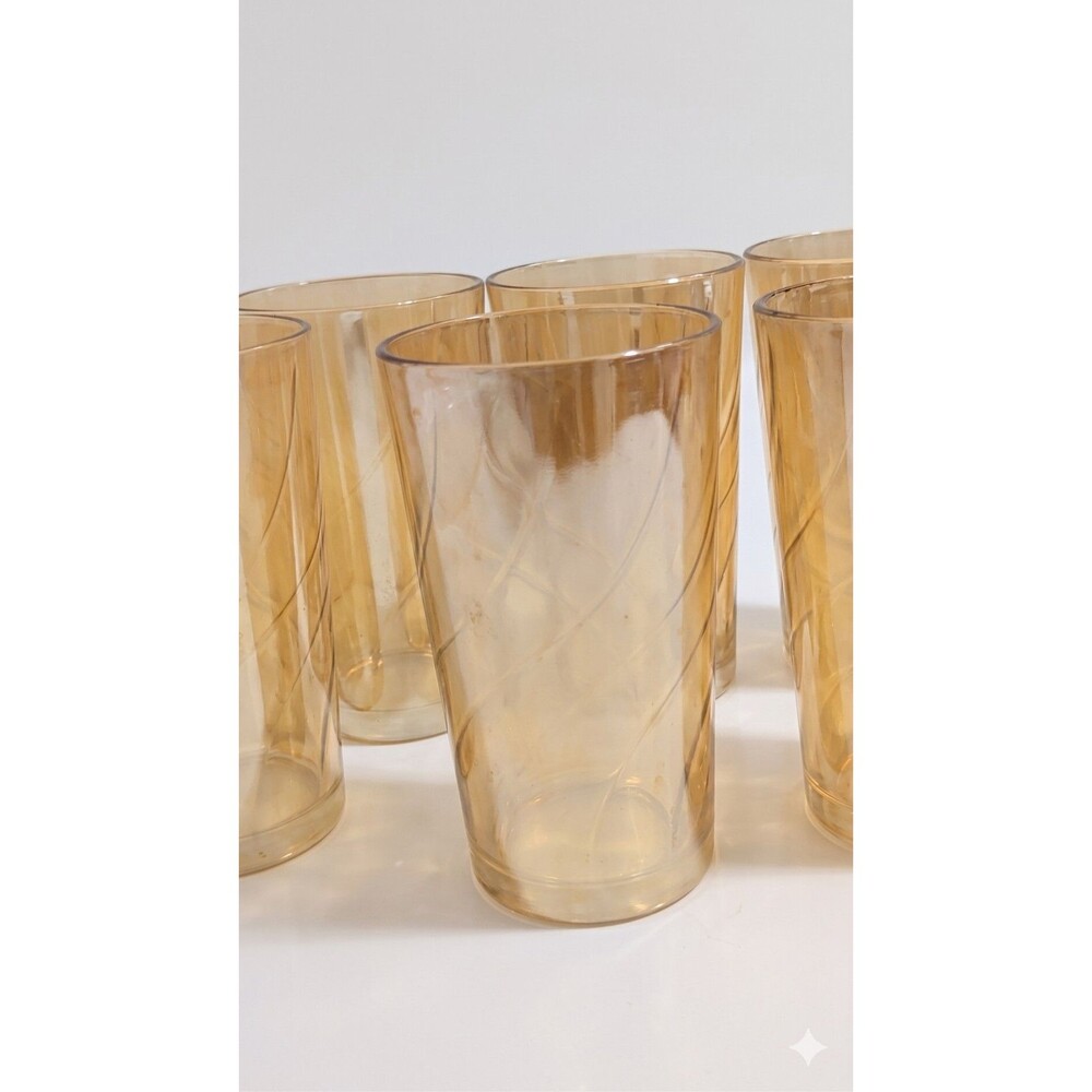 6 Jeannette Swirl Marigold Carnival Glass Tumblers Iridescent Vintage MCM 1960s